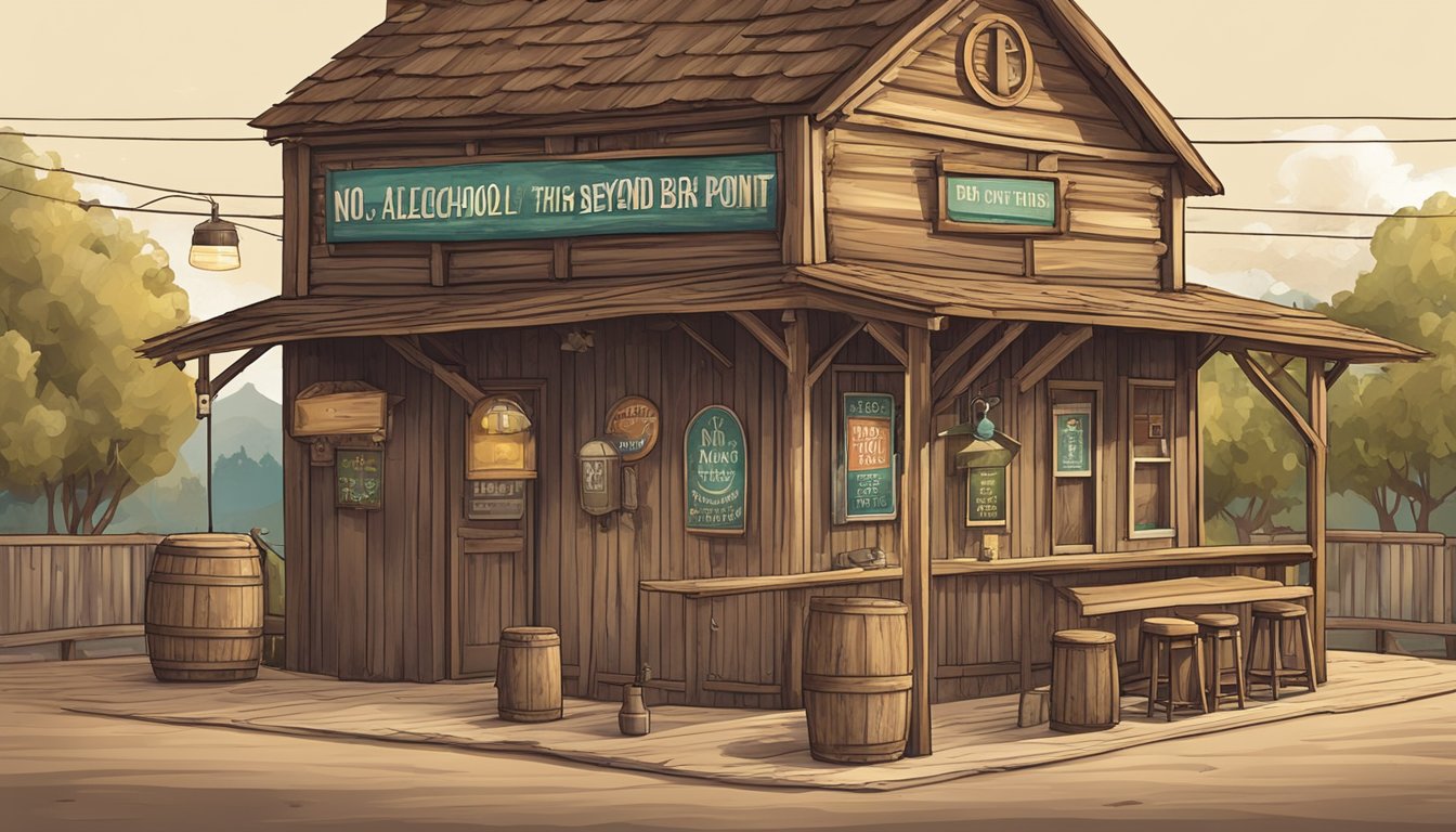 A rustic wooden sign in front of a small town bar, with a "No Alcohol Beyond This Point" notice posted prominently