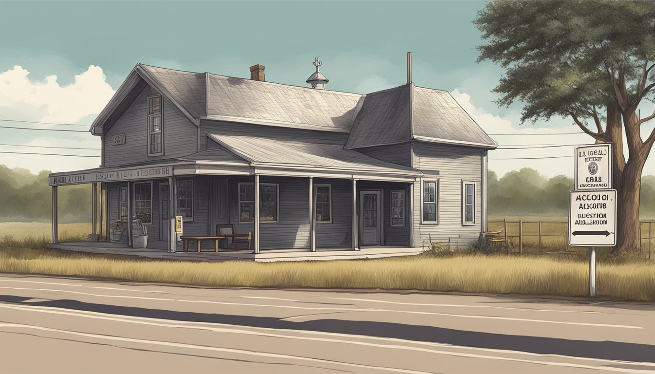 A rural Texas landscape with a small town sheriff's office and a sign displaying local alcohol regulations