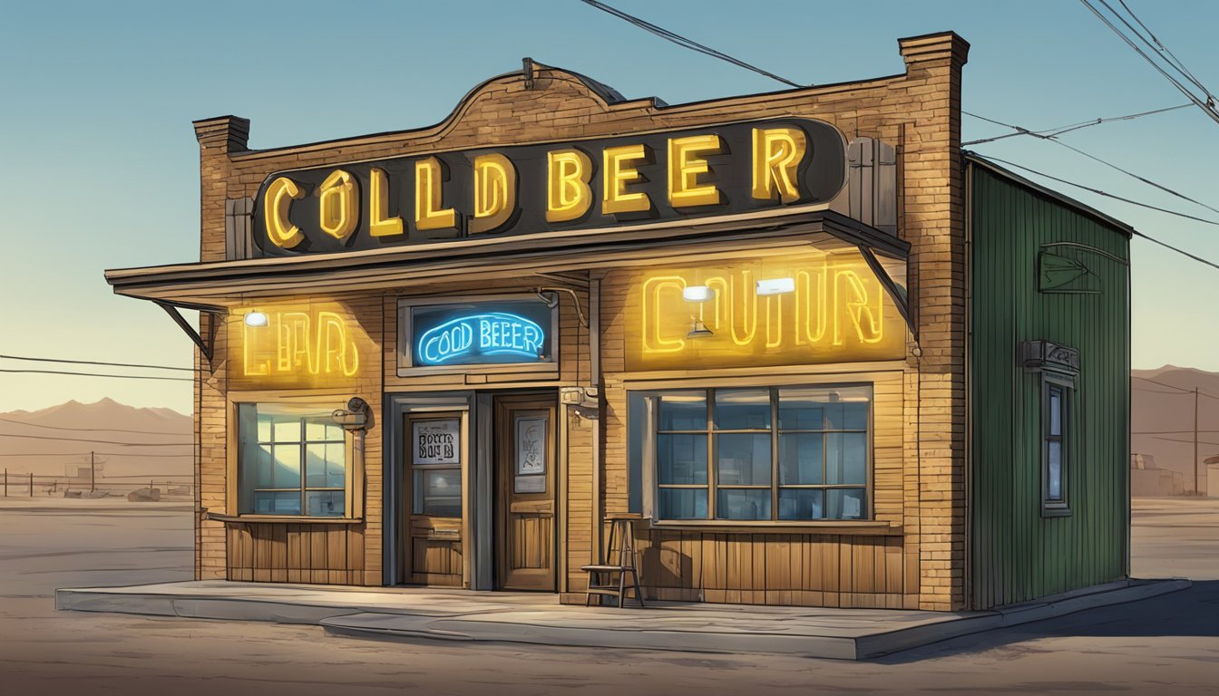 A dusty, western-style bar with a neon sign advertising "Cold Beer" and "Whiskey" in Kinney County, Texas