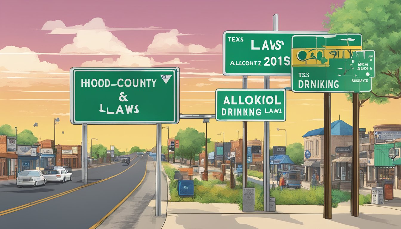 A bustling city street with a sign displaying "Hood County, Texas Alcohol and Drinking Laws" next to a county border sign