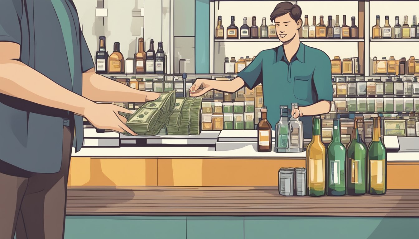 A person handing over money to a cashier in exchange for a bottle of alcohol