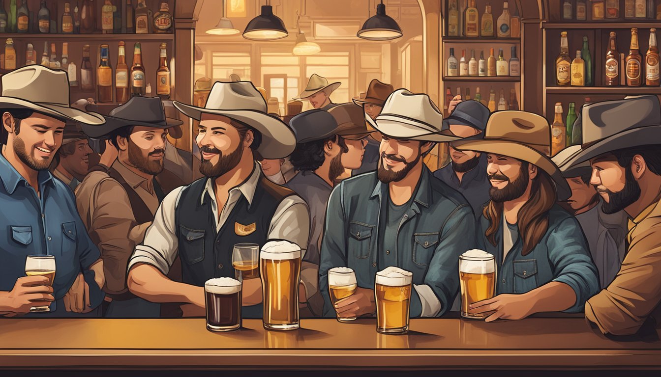 A lively bar scene with a mix of cowboy hats and modern attire, featuring a variety of locally brewed beers and spirits