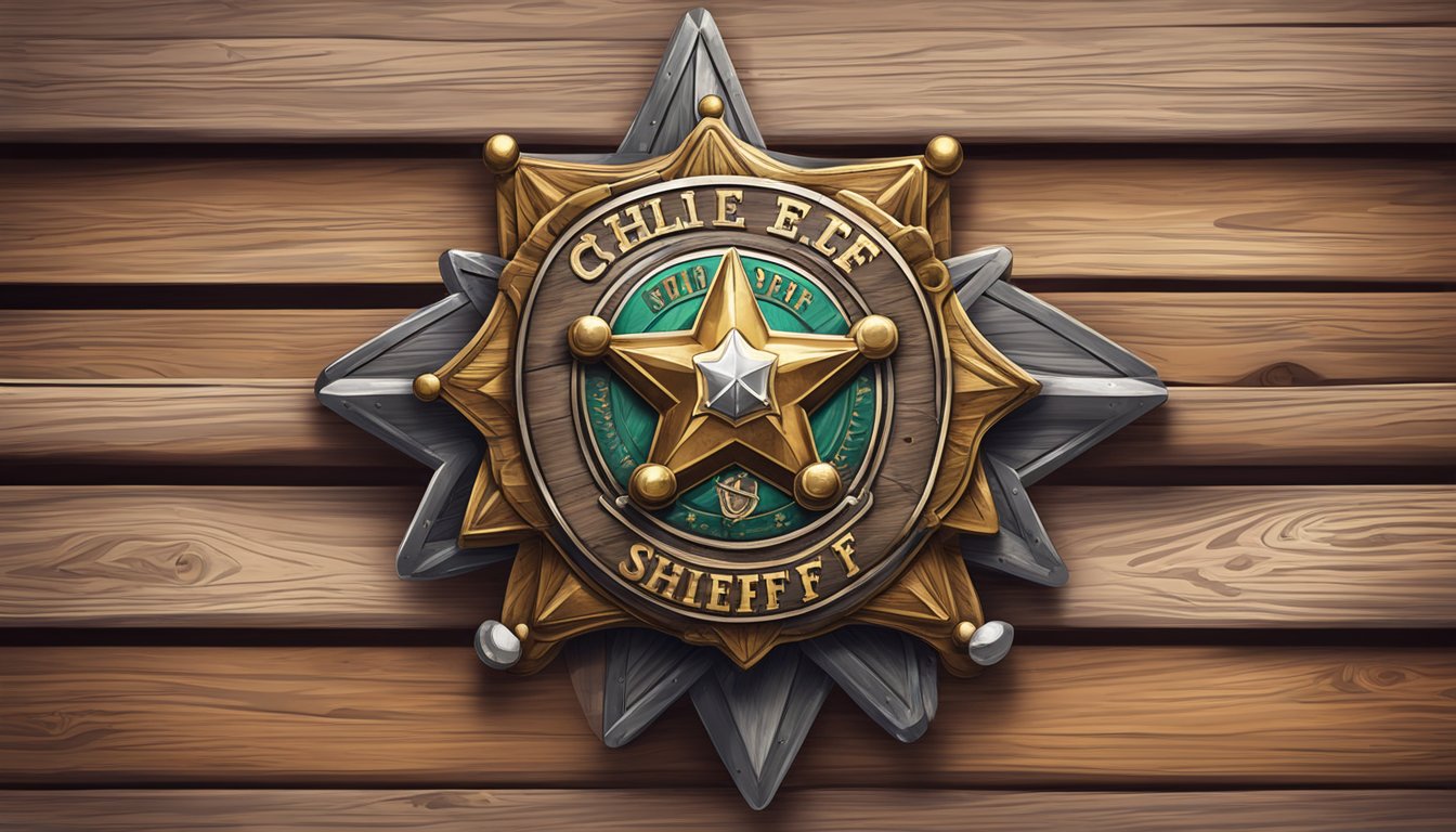 A sheriff's badge on a rustic wooden signpost outside a saloon