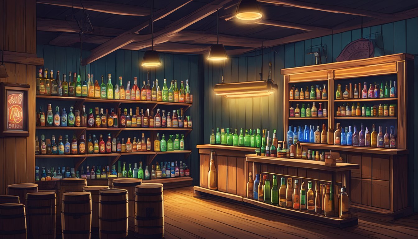 A dusty bar in rural Texas with a neon beer sign and a row of bottles on the shelves