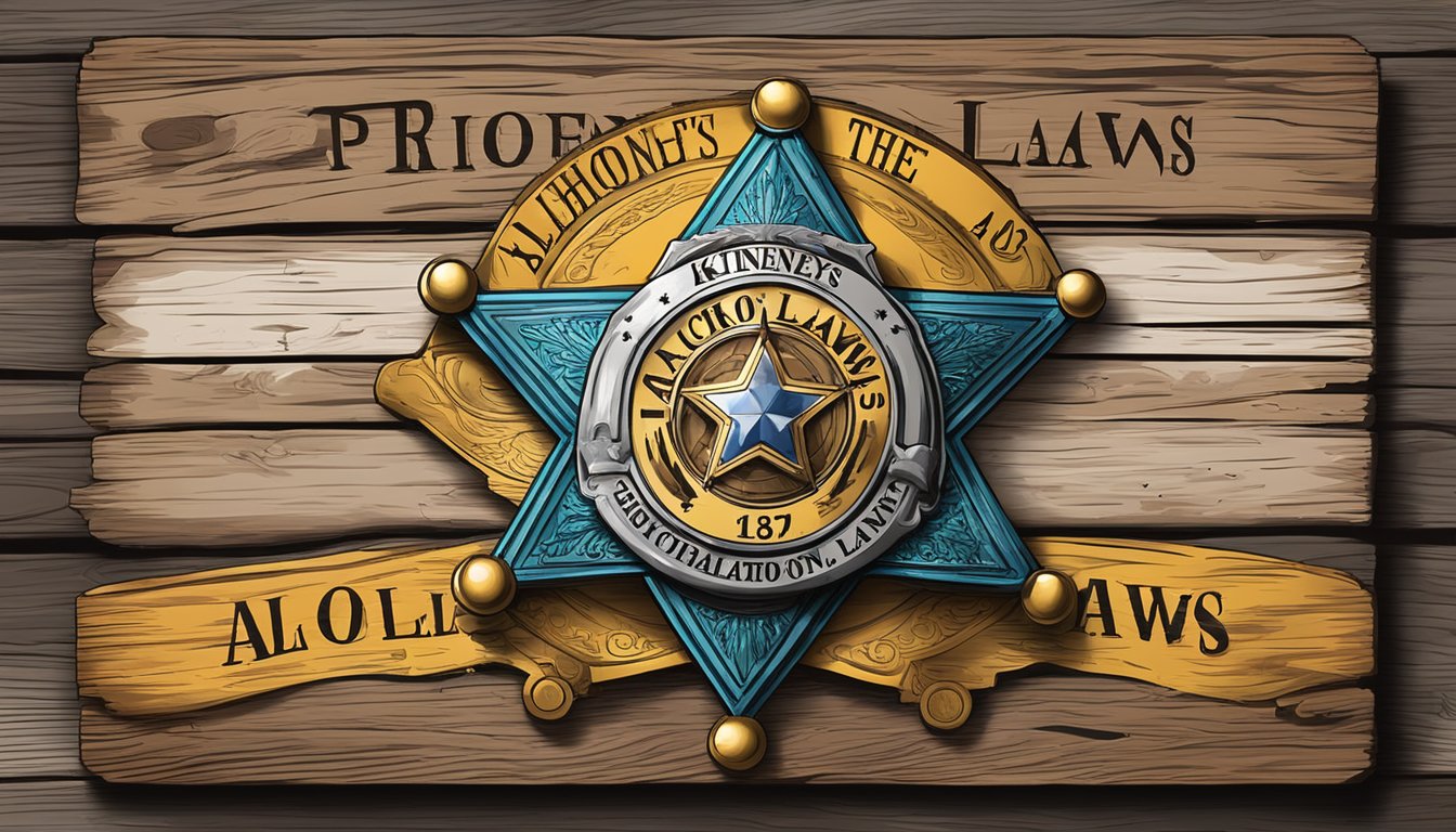 A sheriff's badge pinned to a rustic wooden sign marked "Alcohol Laws" in Kinney County, Texas