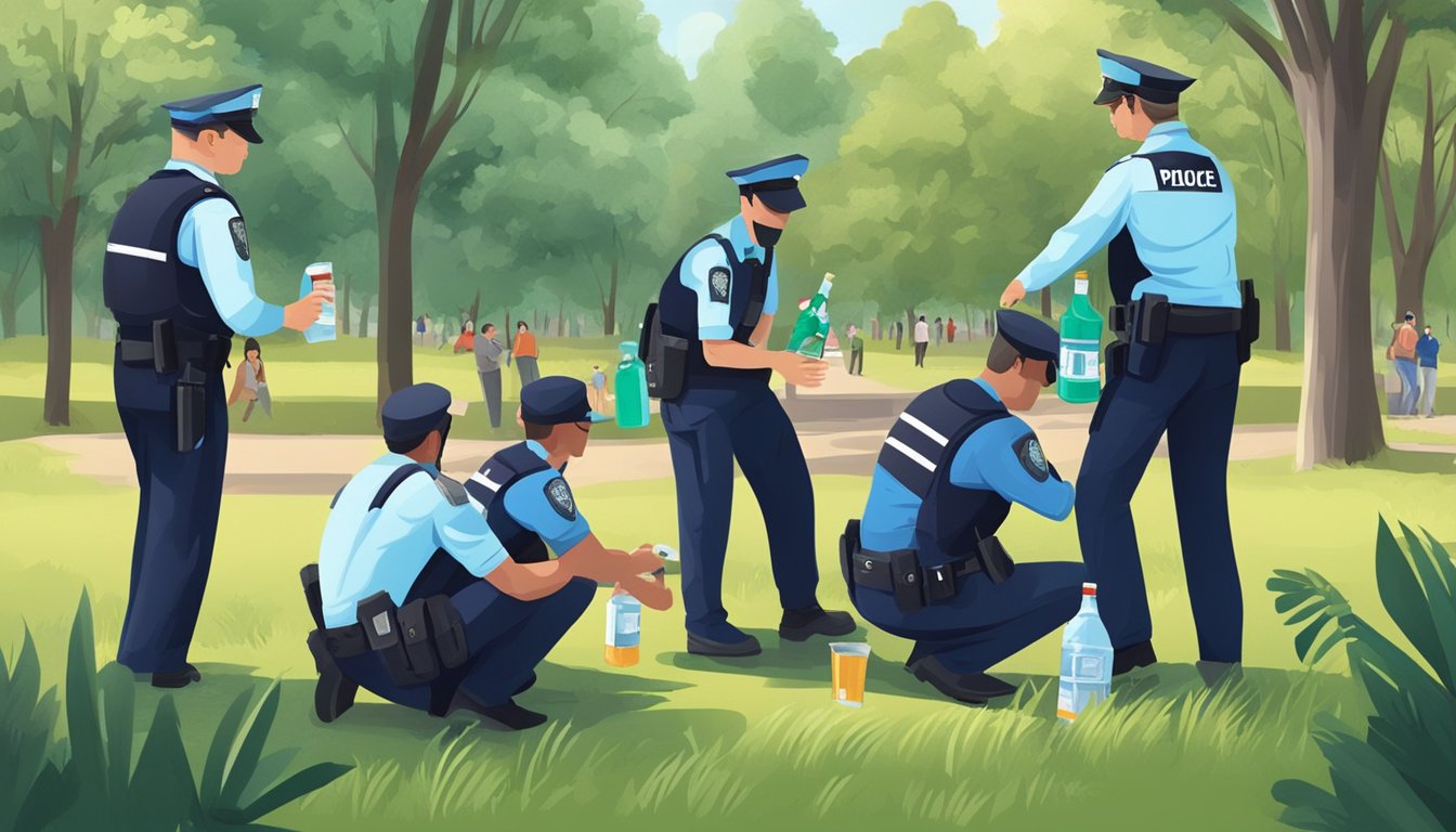 A police officer confiscating open alcohol containers from a group of individuals in a public park