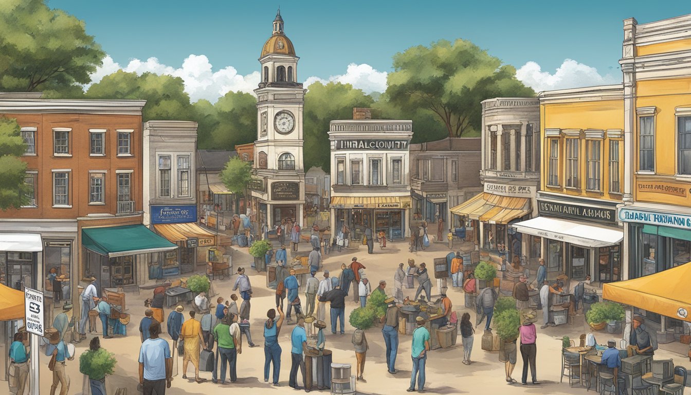 A bustling town square with various signs advertising local options and temporary events related to alcohol and drinking laws in Hamilton County, Texas