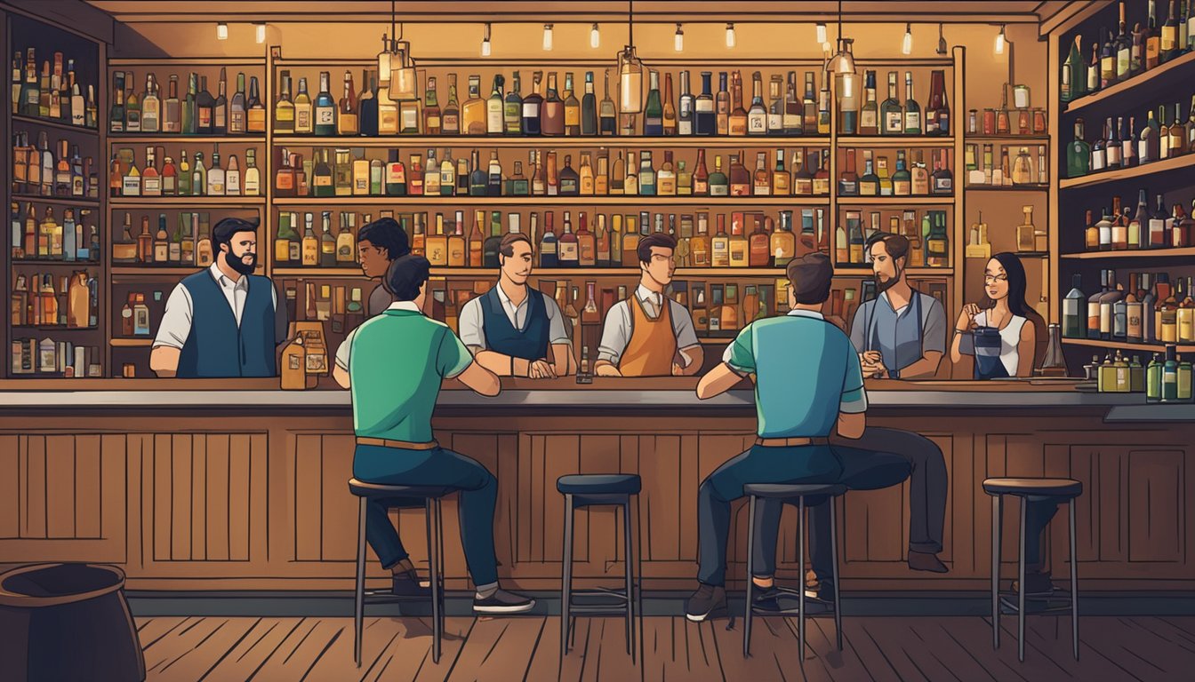 A group of people sitting at a bar, with bottles of alcohol displayed on shelves behind the bartender