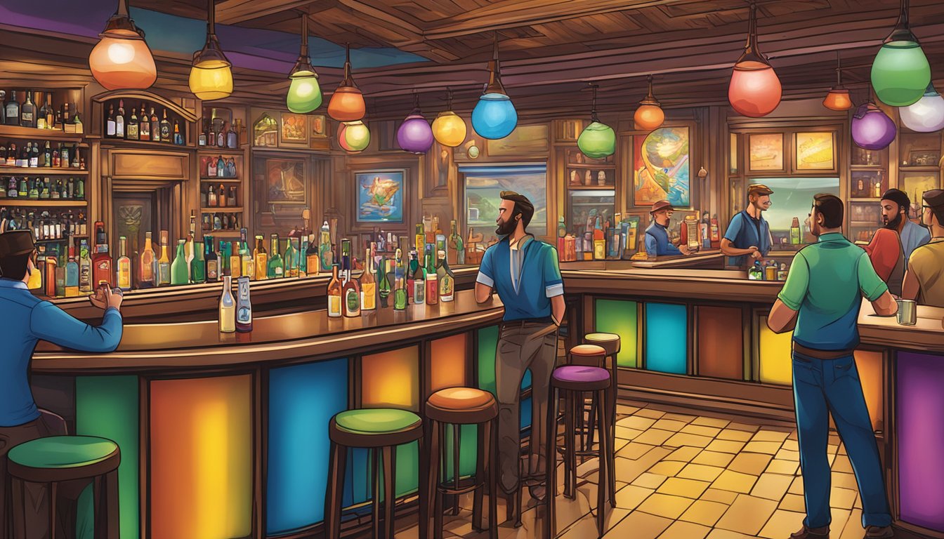 A lively bar scene with colorful alcoholic beverage displays and promotional materials, set against a backdrop of Hamilton County, Texas