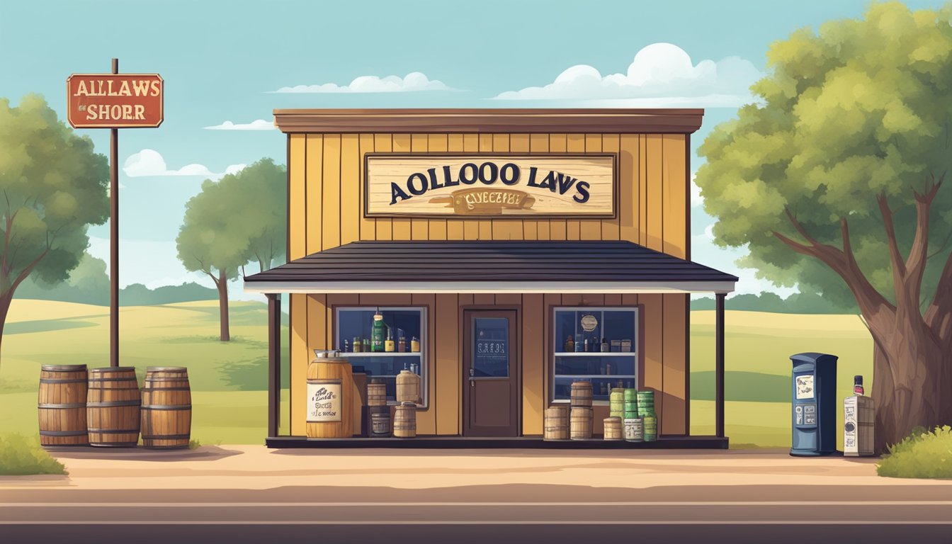 A rural Texan county landscape with a small liquor store and a sign displaying alcohol purchasing laws