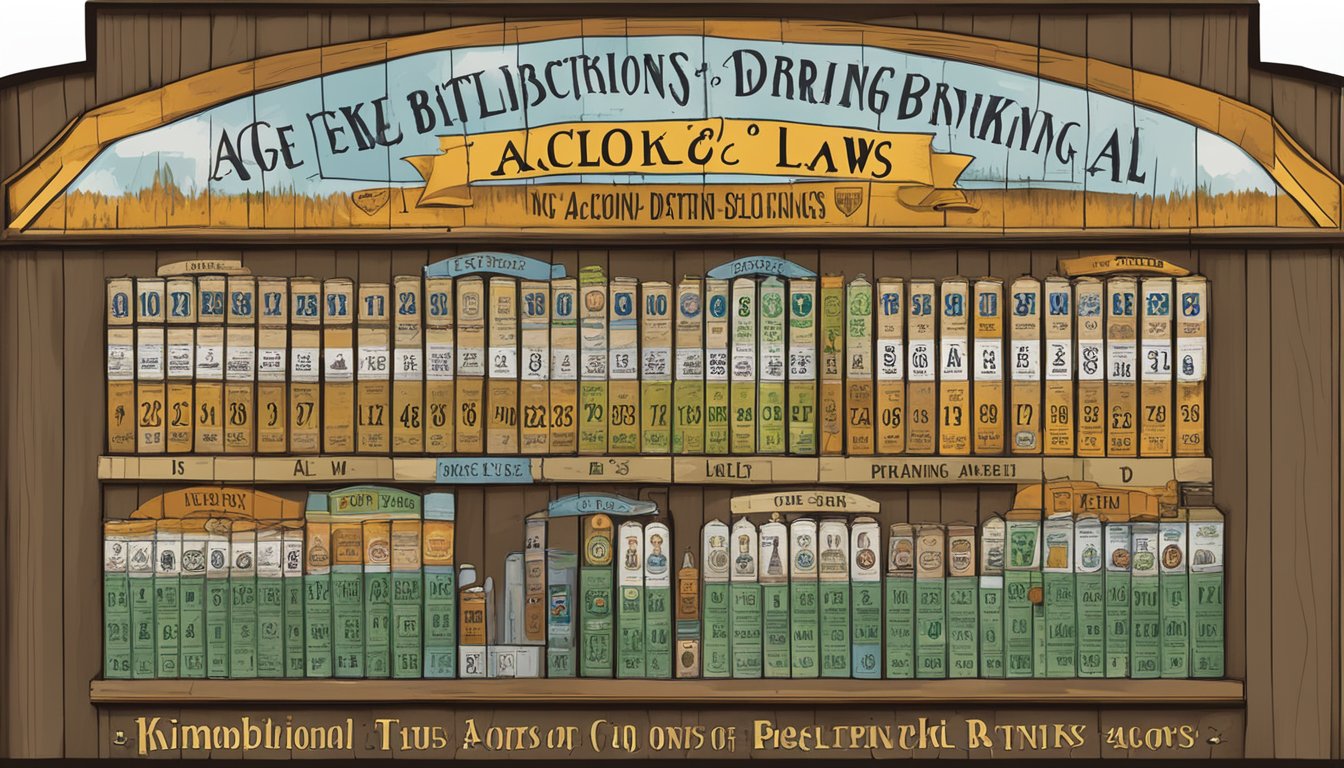 A sign with "Age Restrictions" and "Kimblee County, Texas Alcohol and Drinking Laws" displayed prominently