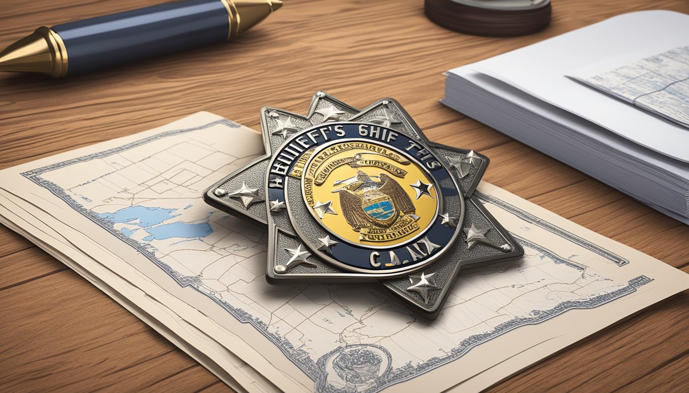 A sheriff's badge on a wooden desk, surrounded by legal documents and a map of Guadalupe County, Texas