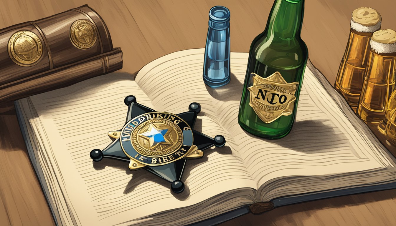 A sheriff's badge pinned to a law book, surrounded by empty beer bottles and a "no drinking" sign