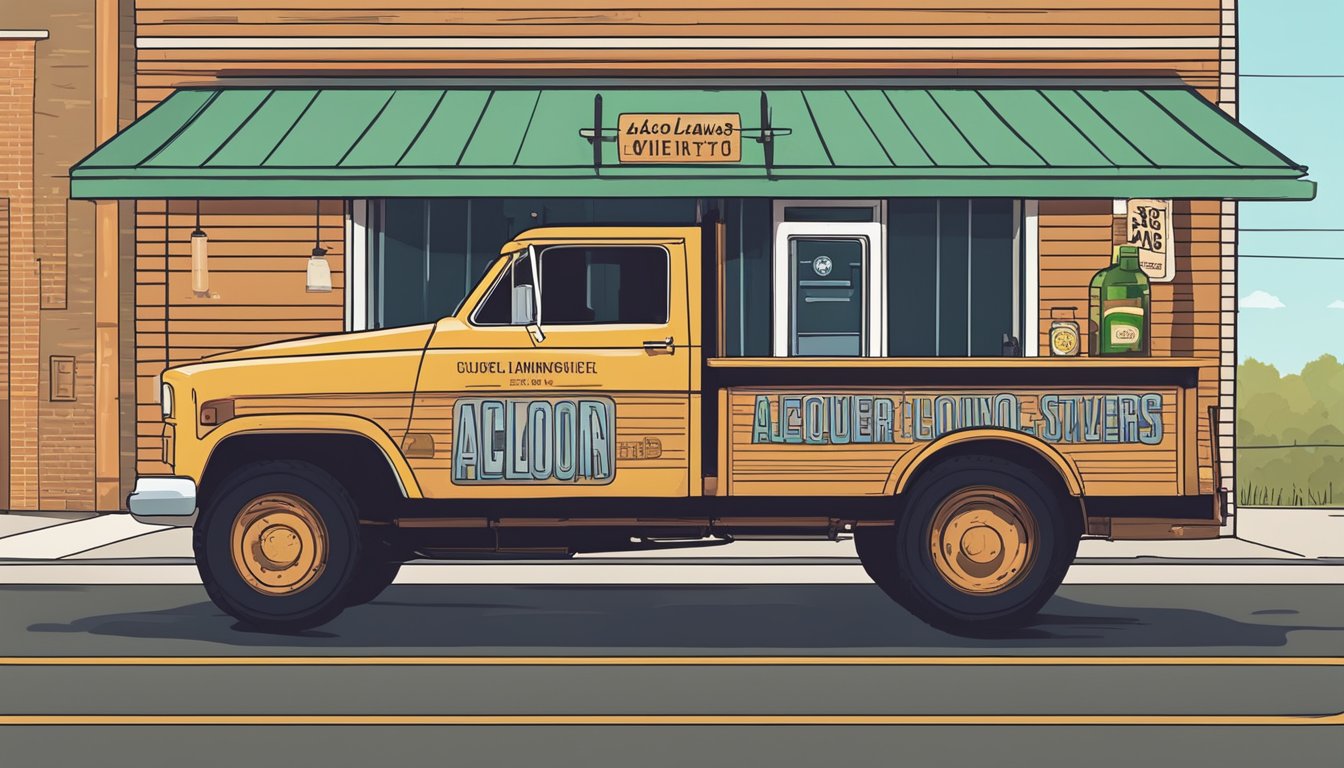 A delivery truck parked outside a liquor store in Kimble County, Texas, with a sign displaying alcohol laws