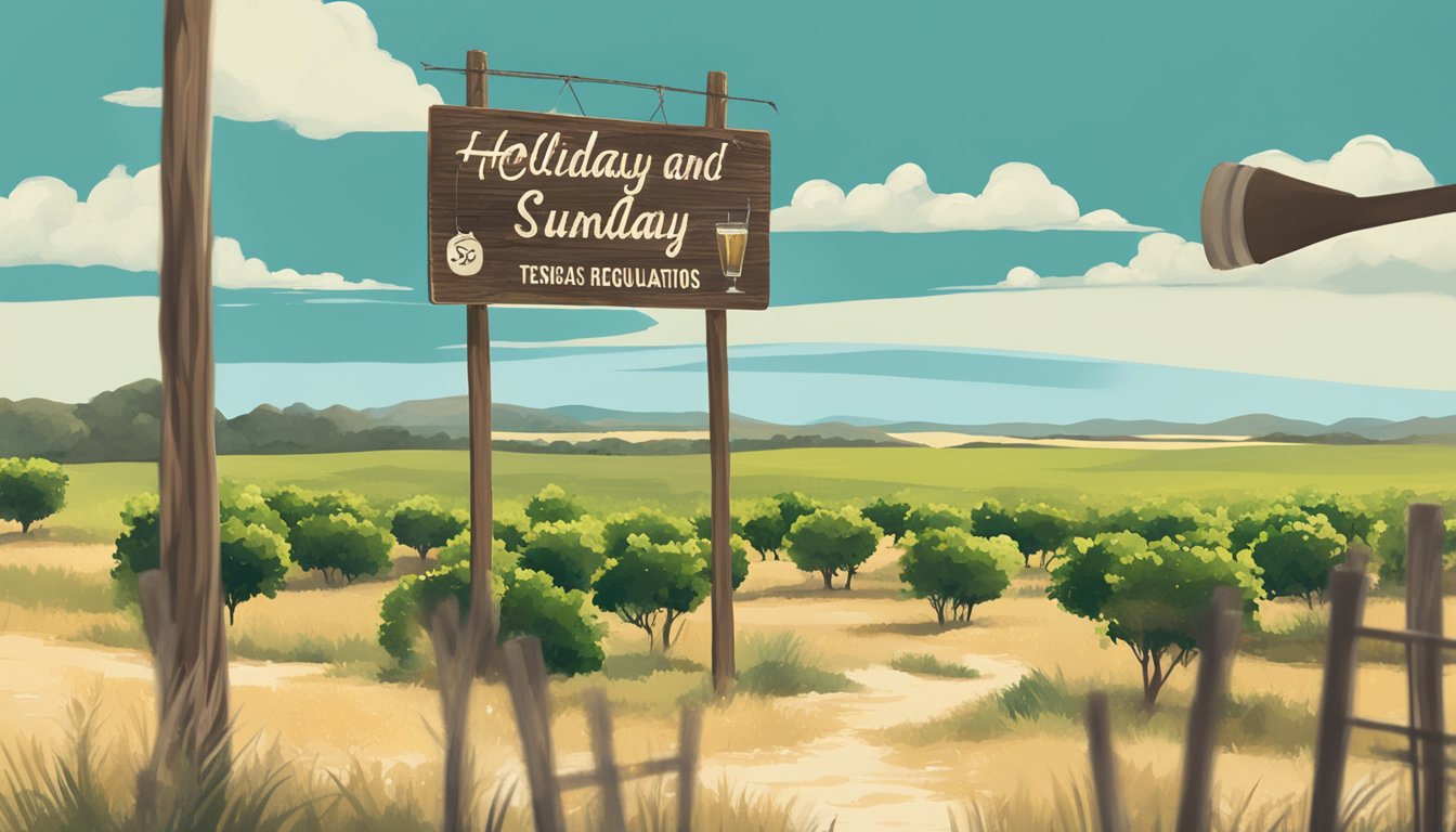 A serene countryside landscape with a rustic sign displaying "Holiday and Sunday Regulations - Guadalupe County, Texas" and a prohibition symbol over a glass of alcohol