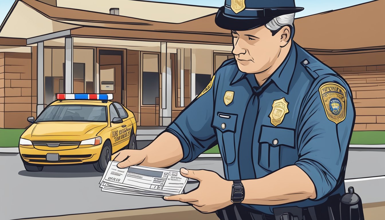 A police officer handing out a ticket to a person for violating alcohol laws in Guadalupe County, Texas