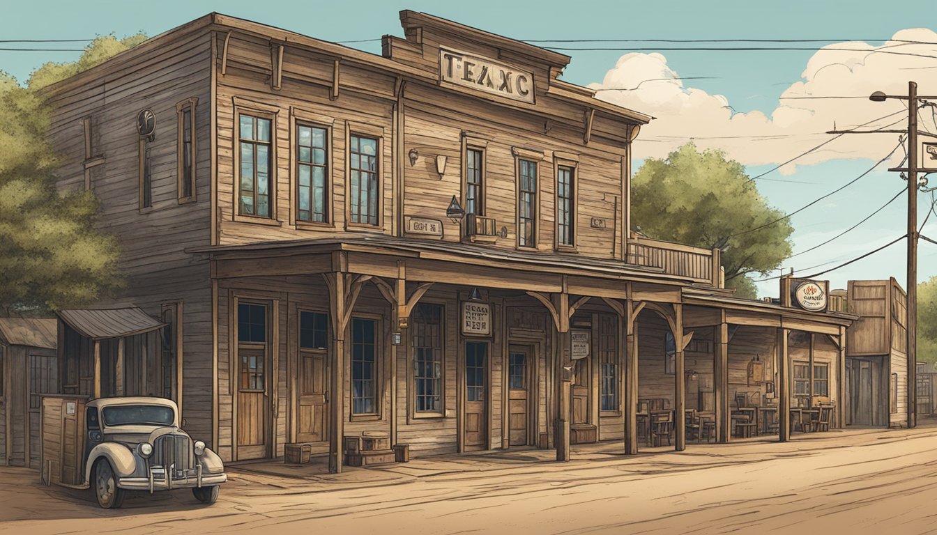 A rustic Texas town with a saloon and a sign displaying TABC regulations