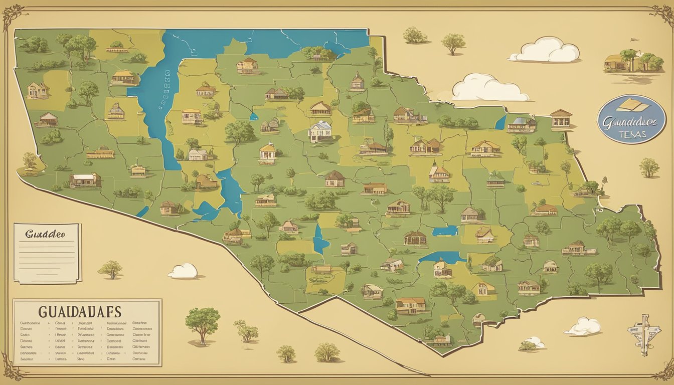 A rural landscape with a county map of Guadalupe County, Texas, surrounded by neighboring counties. A prominent sign displaying alcohol and drinking laws