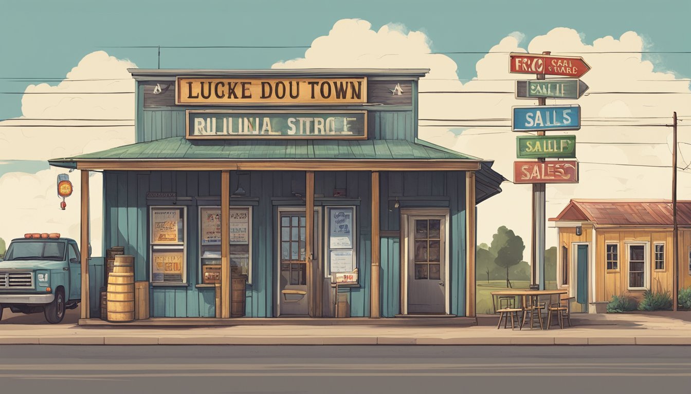 A rural Texas town with a small liquor store and a sign displaying alcohol sales regulations