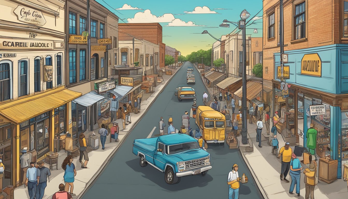 A bustling city street in Guadalupe County, Texas, with various signs and symbols depicting alcohol and drinking laws