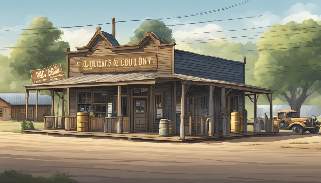 A rural Texas county scene with a saloon, liquor store, and "no alcohol" signs on public buildings