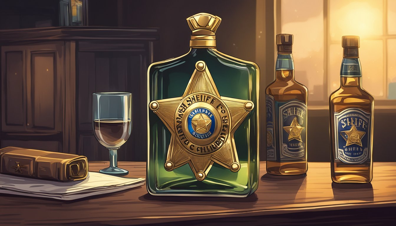 A sheriff's badge and a bottle of alcohol on a table in a dimly lit room