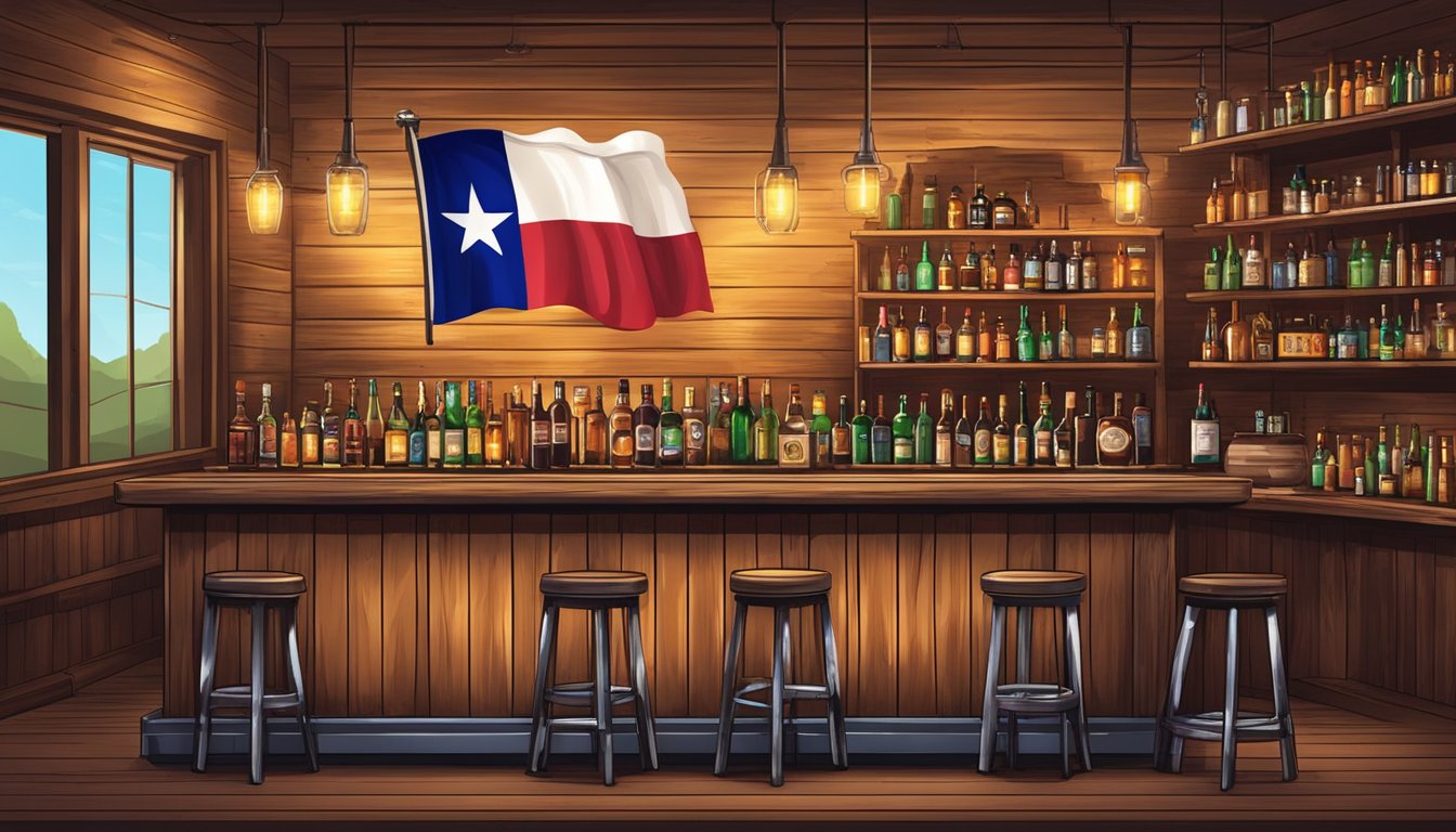 A rustic bar with Texas flag decor, shelves of whiskey bottles, and a neon beer sign