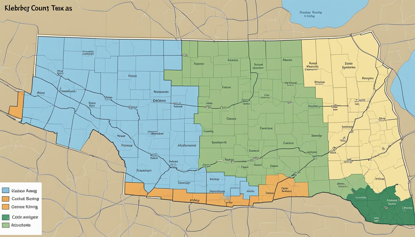 A map of Kleberg County, Texas with neighboring counties highlighted, showing their influence on alcohol and drinking laws