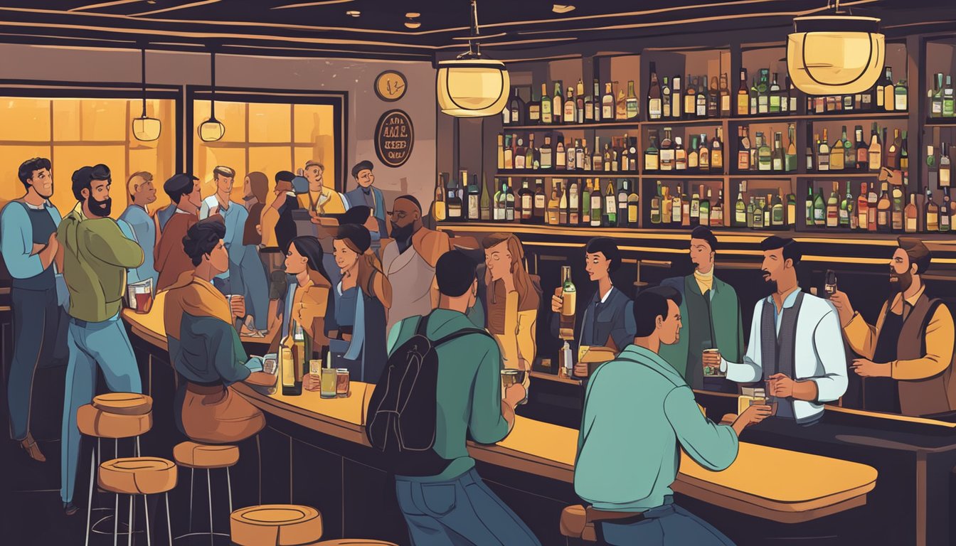 A crowded bar with a sign displaying alcohol laws. Patrons drinking and socializing, bartender serving drinks