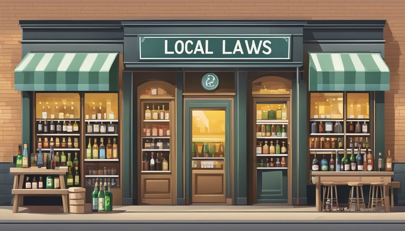 A small town liquor store with various types of alcohol on display, a sign indicating local alcohol laws