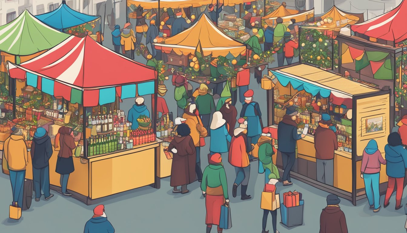 A bustling holiday market with festive decorations and a prominent alcohol vendor booth