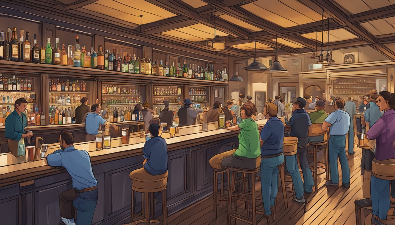 A bustling bar with patrons enjoying drinks, while bartenders serve alcohol and enforce Texas Alcoholic Beverage Code regulations