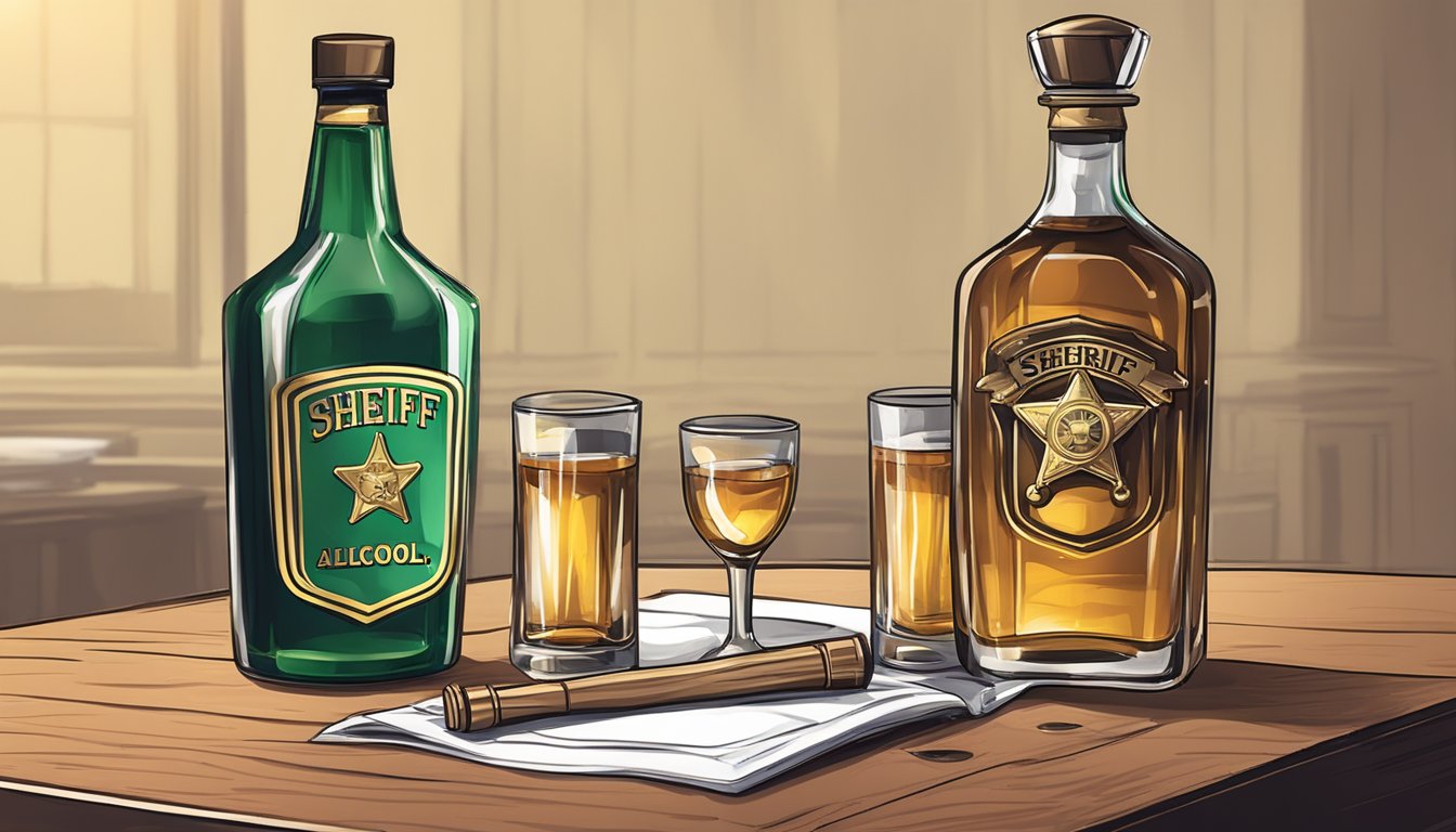 A sheriff's badge and a bottle of alcohol on a table