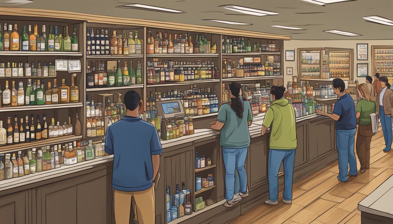 A liquor store in King County, Texas with signs displaying alcohol laws. Customers browse shelves while a clerk assists at the checkout counter