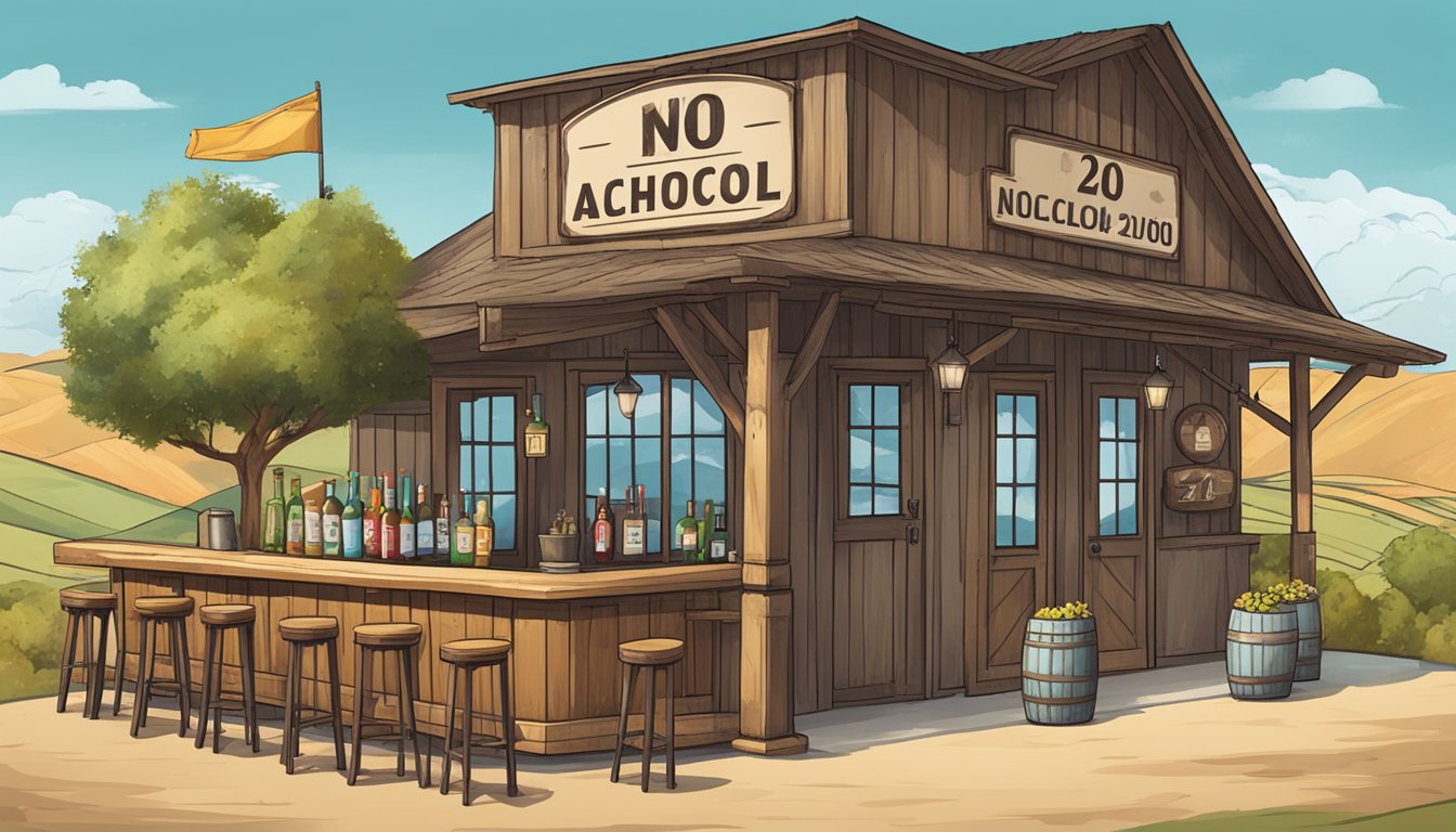 A rustic bar with a "No Alcohol Under 21" sign, surrounded by rolling hills and a small town in the background