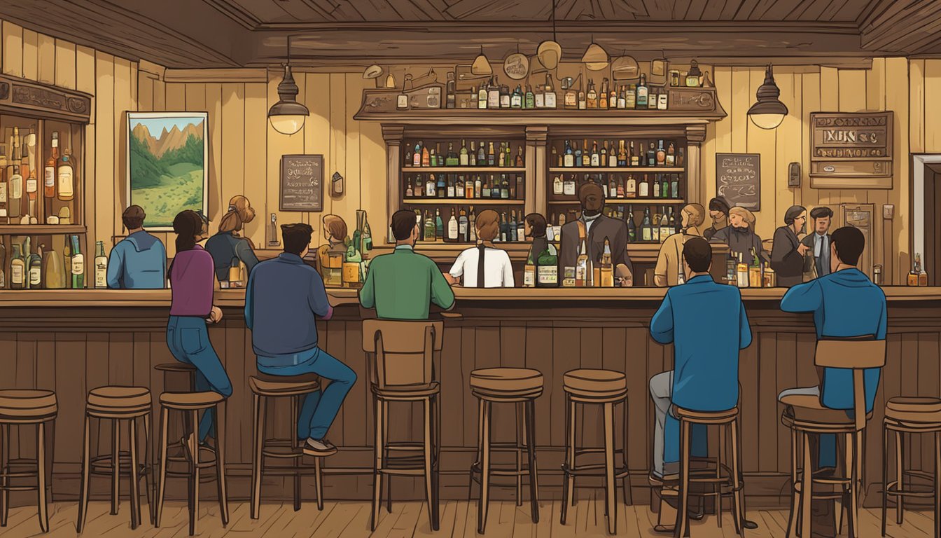 The scene shows a bar with a sign outside displaying "Special Provisions King County Texas Alcohol and Drinking Laws". Inside, people are drinking and socializing