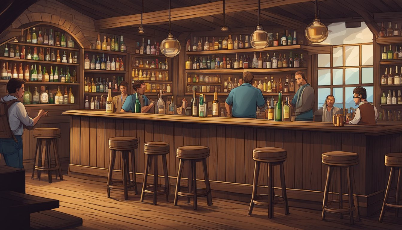 A rustic bar with shelves of various alcoholic beverages, a bartender pouring drinks, and patrons socializing