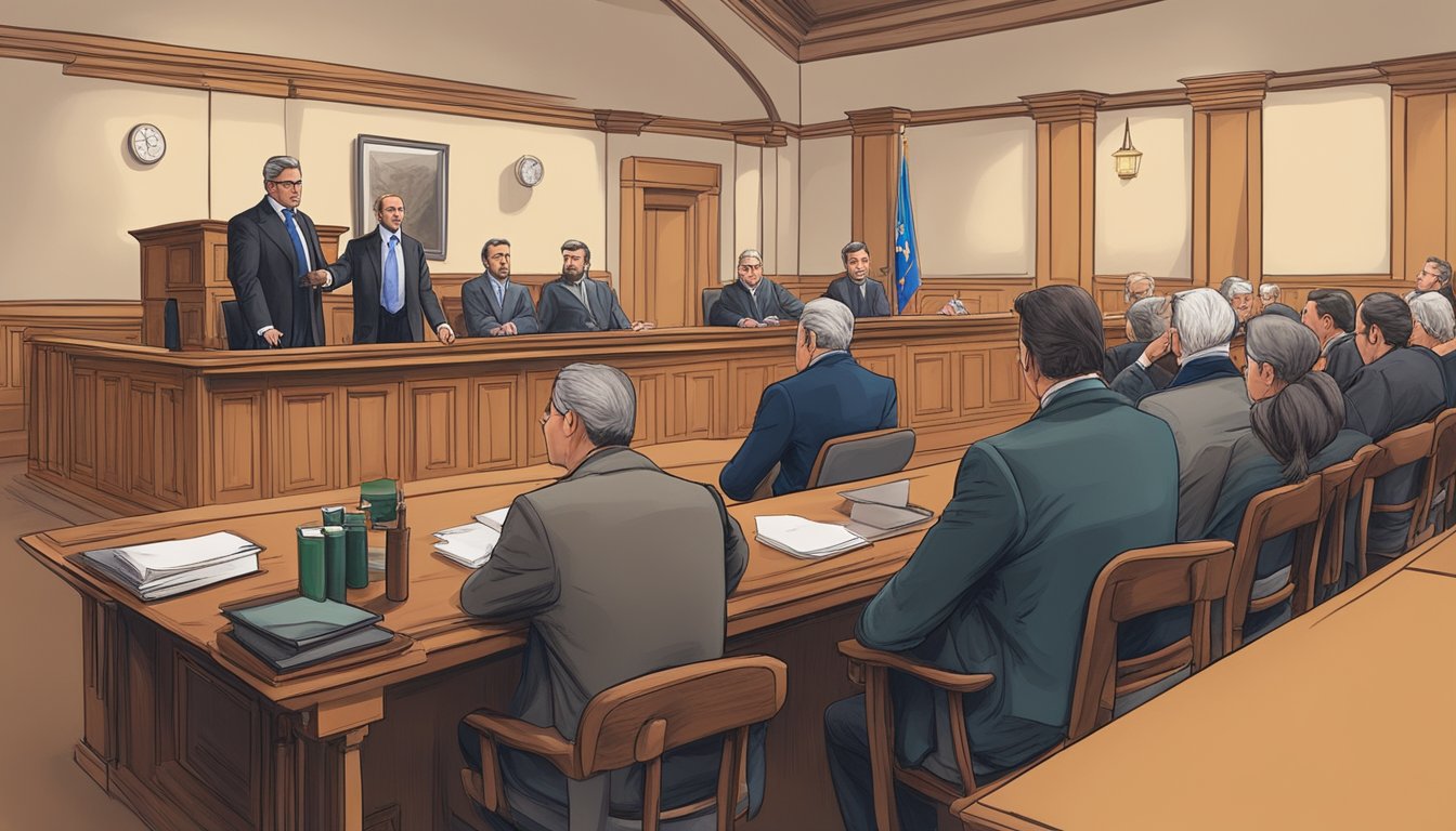 A courtroom scene with a judge, lawyers, and witnesses discussing alcohol laws in King County, Texas