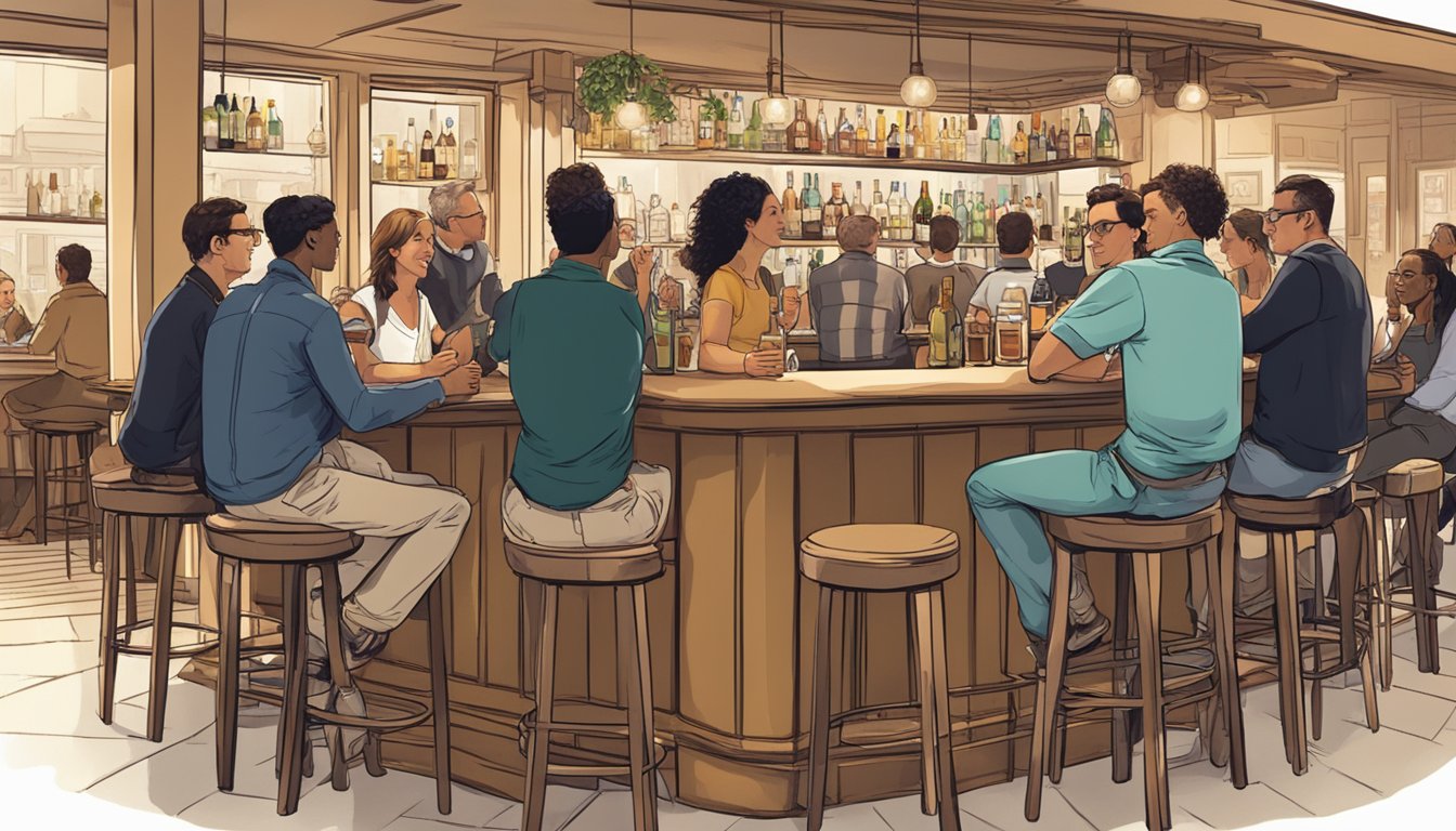 A group of people sitting at a bar, some with drinks in hand, while others chat and socialize