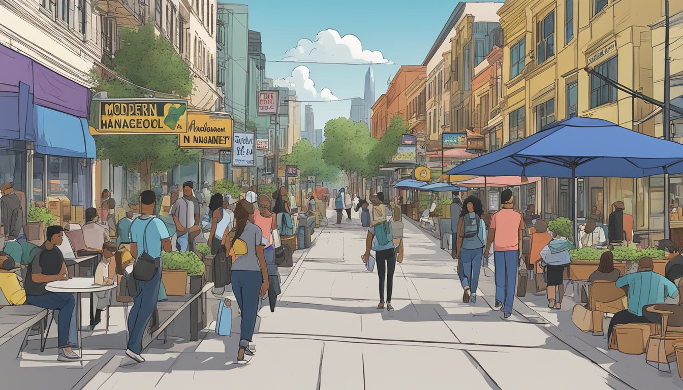 A bustling city street with a sign for "Modern Solutions in Alcohol Management" in Harris County, Texas. People walk by, and there are various bars and restaurants in the background