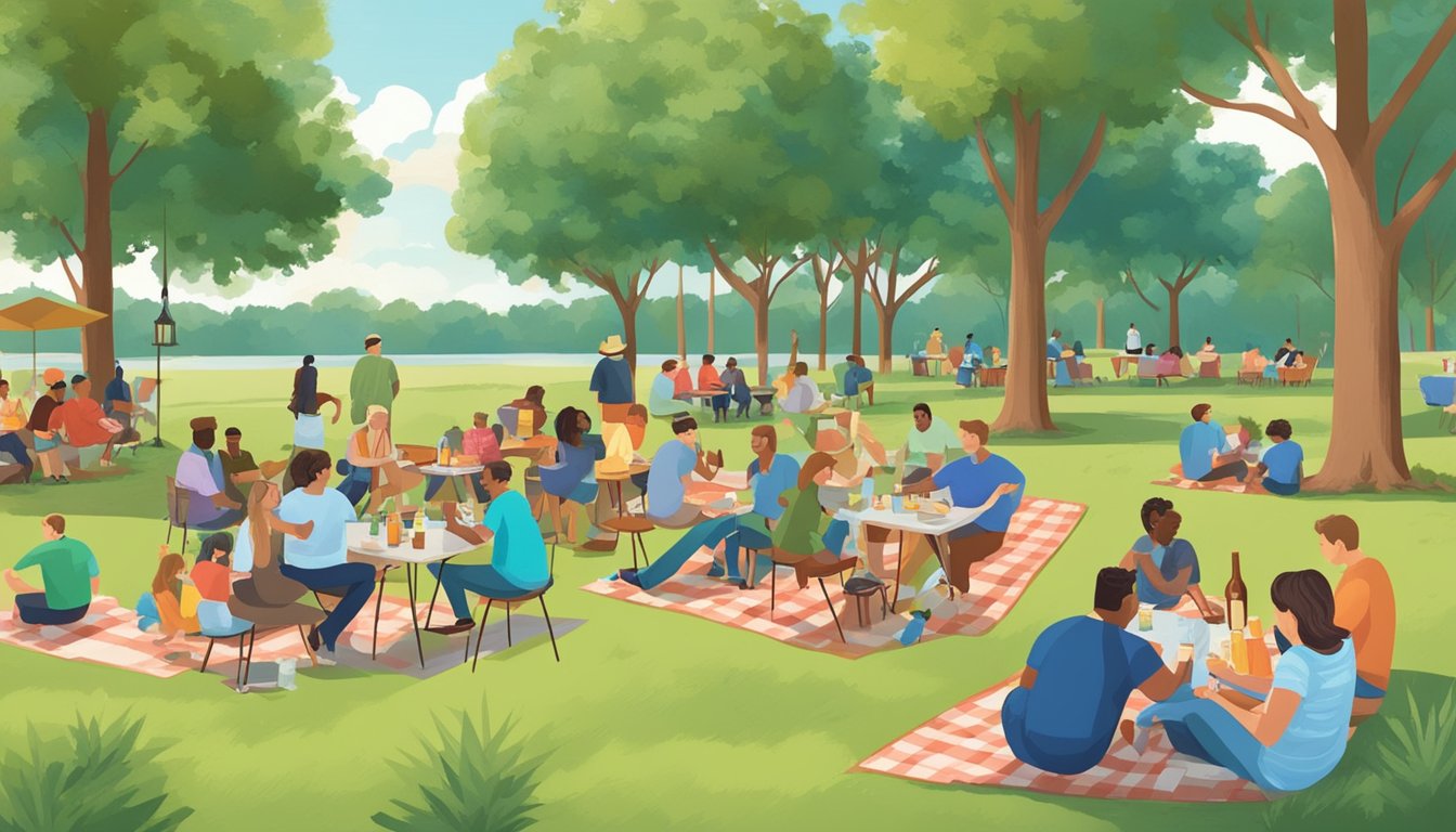 A group of people enjoying malt beverages at a picnic in a Harris County, Texas park, with signs indicating alcohol consumption laws