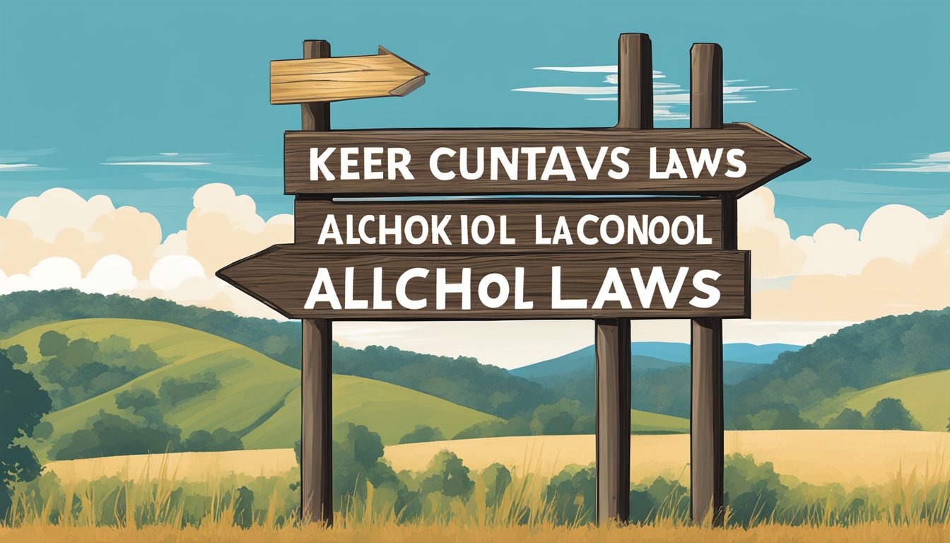 A rustic signpost with "Kerr County Alcohol Laws" stands in front of a courthouse, surrounded by rolling hills and a clear blue sky