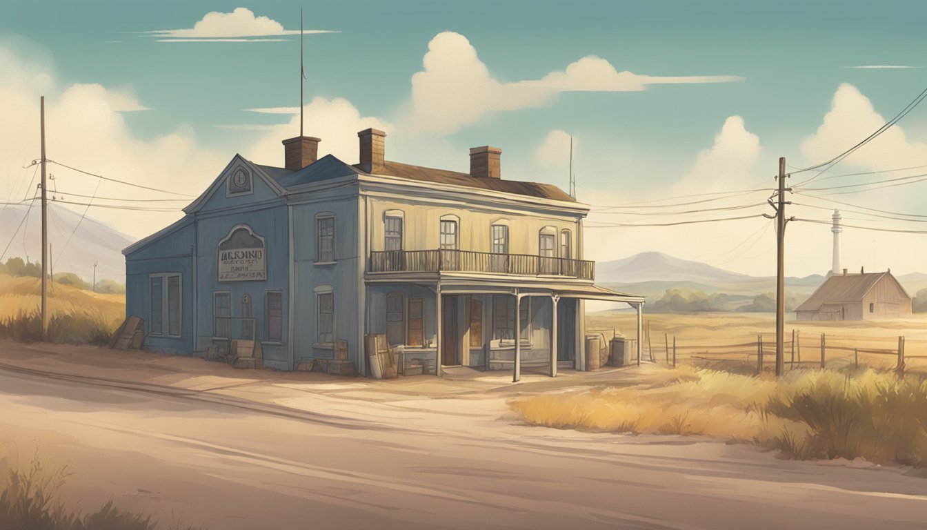 A dusty, rural landscape with a small town in the background. A faded sign with alcohol laws posted outside a local government building