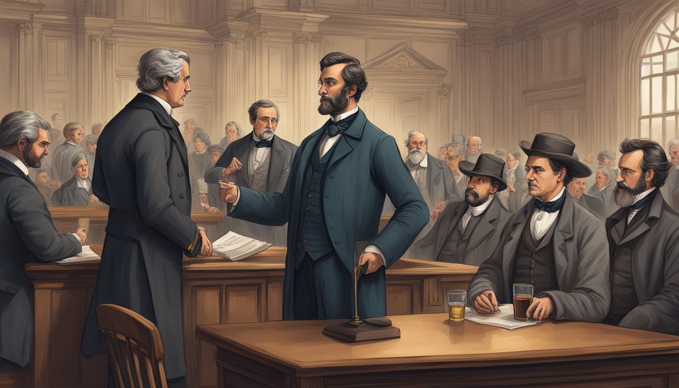 A group of officials in 19th century attire discussing alcohol laws in a courthouse setting