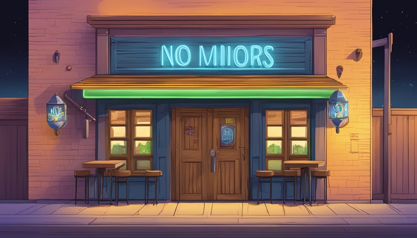 A dusty, small-town Texas bar with a neon beer sign and a wooden "No Minors Allowed" sign on the door