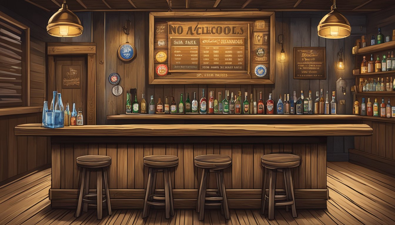 A rustic Texas bar with a "No Alcohol Sales to Minors" sign displayed prominently. A sheriff's badge hangs on the wall