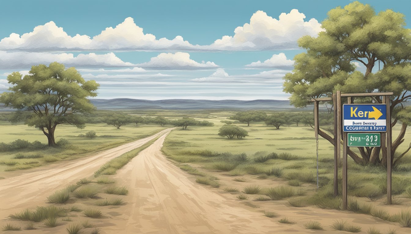 A desolate Texas landscape with a sign marking the boundary of Kerr County, showing the transition from a wet to a dry county