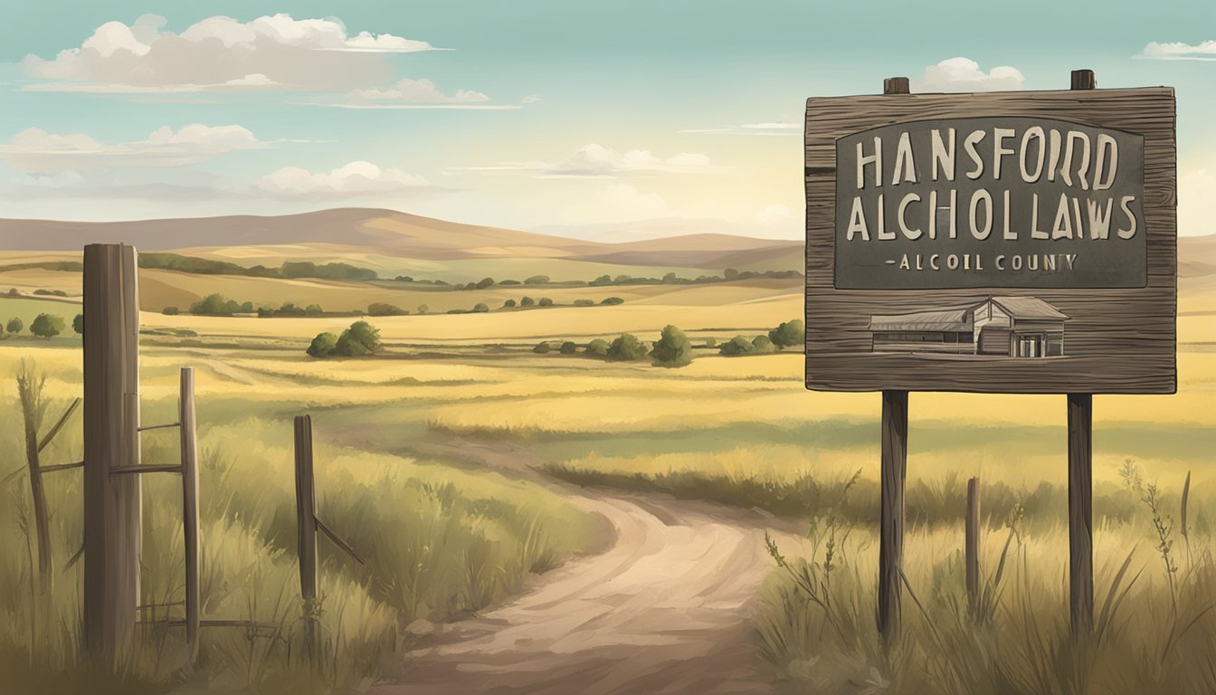 A dusty, rural landscape with a small, weathered sign displaying "Hansford County Alcohol Laws" in the background