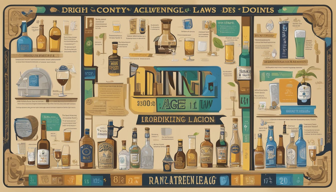 A sign displaying the legal drinking age and related laws in Goliad County, Texas, surrounded by images of alcohol and symbols representing drinking regulations