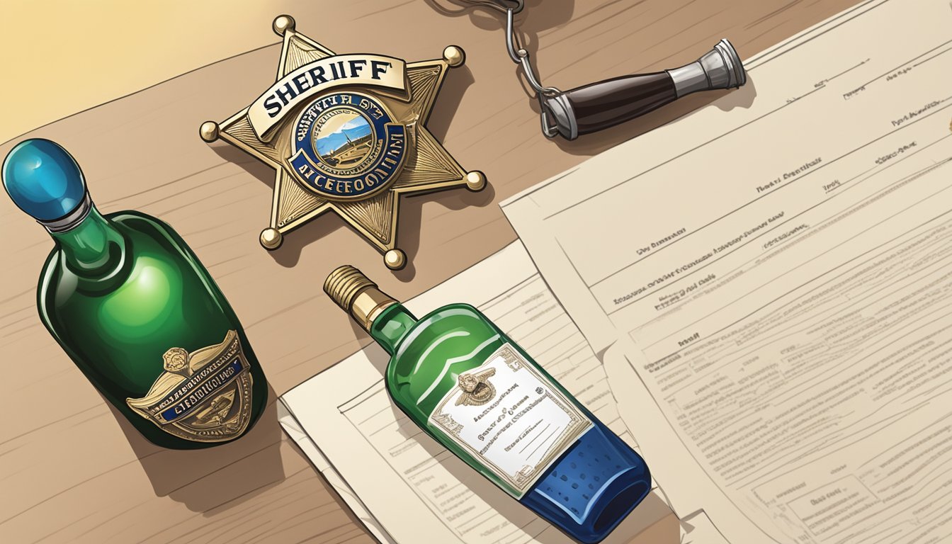 A sheriff's badge and a bottle of alcohol sit on opposite sides of a legal document